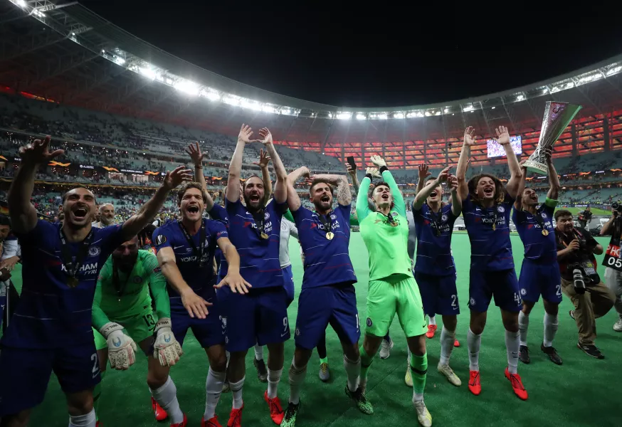 Chelsea players celebrate in Baku 