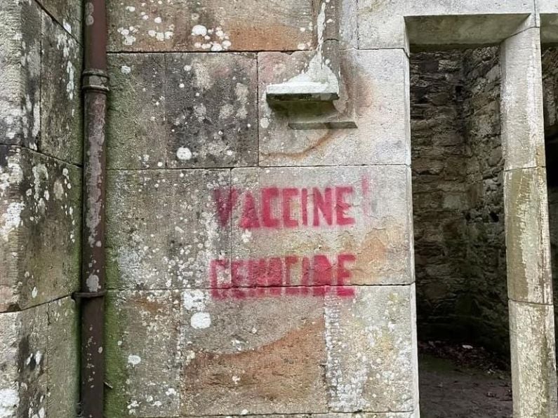 Vandals graffiti Ballysaggartmore Towers near Lismore