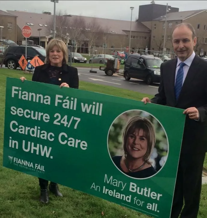 Waterford Fianna Fáil TD Mary Butler pictured with party leader Micheál Martin outside University Hospital Waterford during the 2016 elections