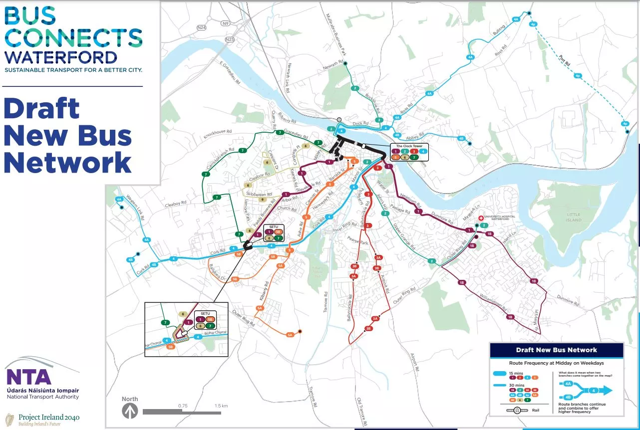 Draft Bus Network, Waterford City (Source, https://busconnects.ie/)