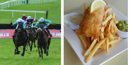 horses at gowran park racing, fish and chips