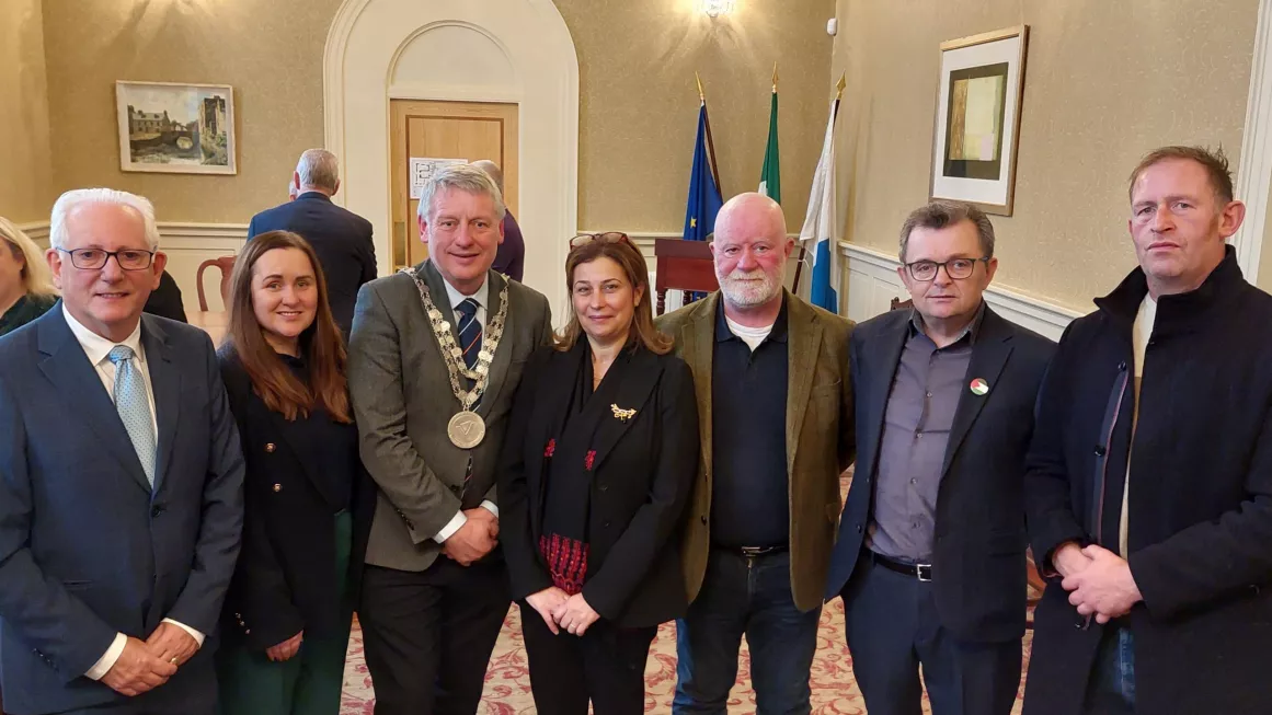 At the official signing of Waterford Ramallah twinning agreement were Mayor of the Metropolitan District Cllr. Joe Kelly, Cllr. Catherine Burke, Mayor of Waterford City and County, Cllr. Jason Murphy, Palestinian Ambassador to Ireland Dr Jilan Wahba Abdalmajid, David Rees, Cllr. Séamus Ryan and Brian Partridge